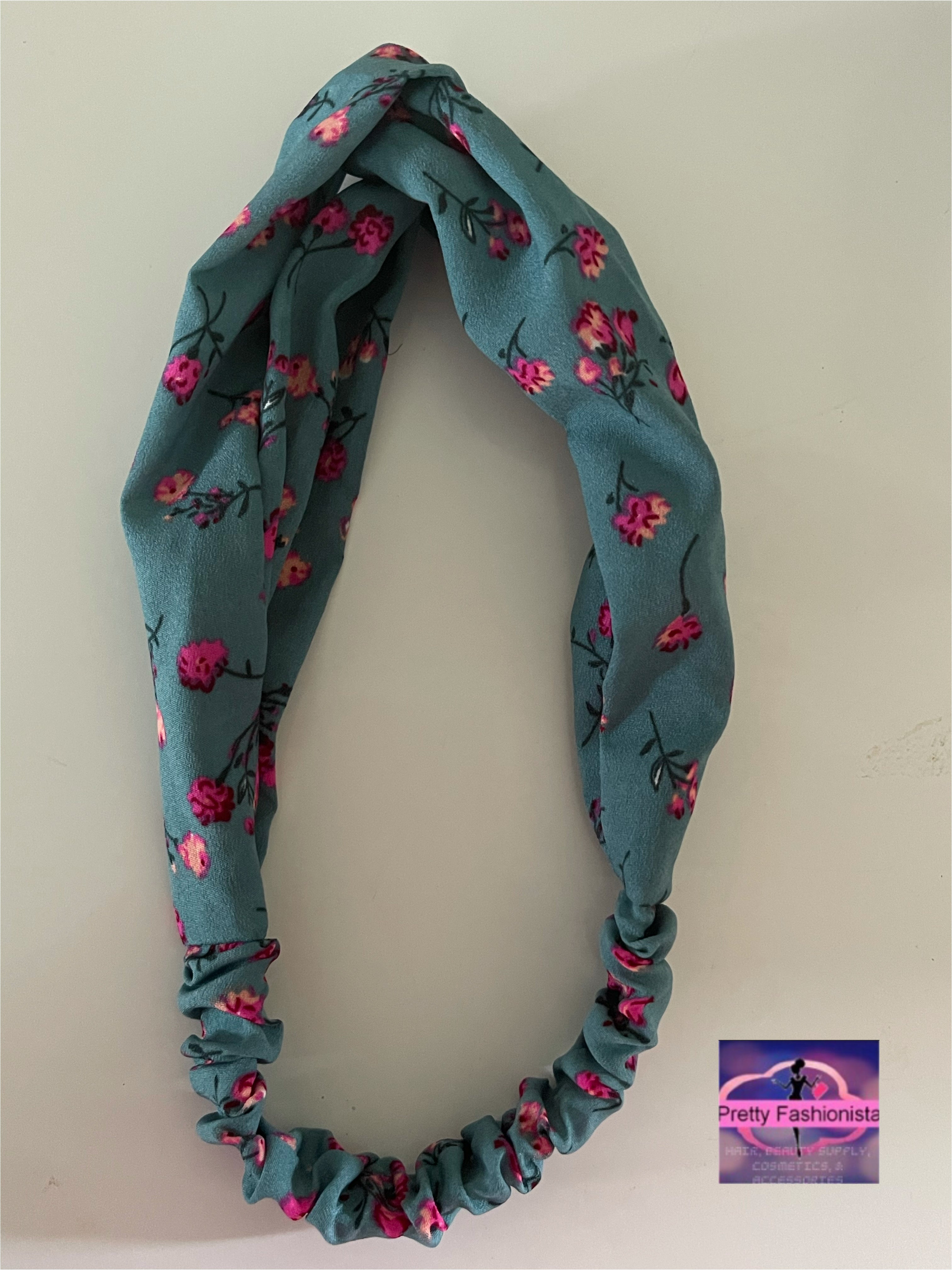 Aqua with Pink Flowers Stretchy Headband